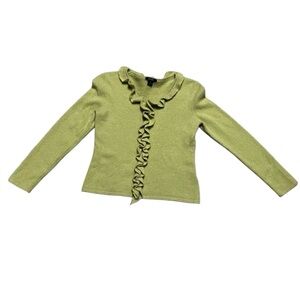 90s Cashmere Green Ruffle V Neck Long Sleeve Sweater Prive’ Thick Knit XS